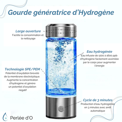 Gourde génératrice d’hydrogène Perlée d’O™ avec technologie SPE/PEM, produisant une eau hydrogénée riche en antioxydants en seulement 3 minutes. Conception pratique avec large ouverture pour un nettoyage facile.