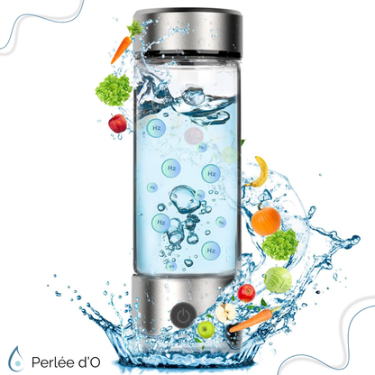Gourde Perlée d’O™ infusant l’eau en hydrogène pour une hydratation enrichie en antioxydants. Améliore l’absorption des nutriments et favorise l’équilibre du microbiote pour un bien-être optimal.