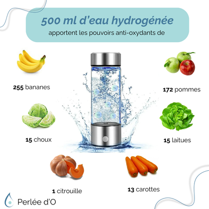 500 ml d’eau hydrogénée Perlée d’O™ offrent un pouvoir antioxydant équivalent à 255 bananes, 172 pommes, 15 choux, 15 laitues, 13 carottes et 1 citrouille. Une hydratation optimisée pour le bien-être et la vitalité au quotidien.